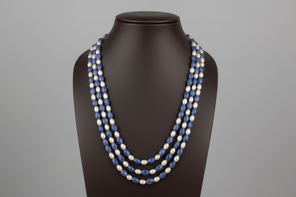 Pearls and tanzanite necklace of 3 layers