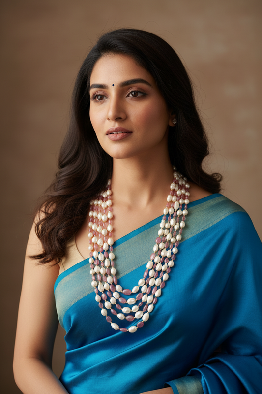 Pure pearls and ruby 5 layers necklace