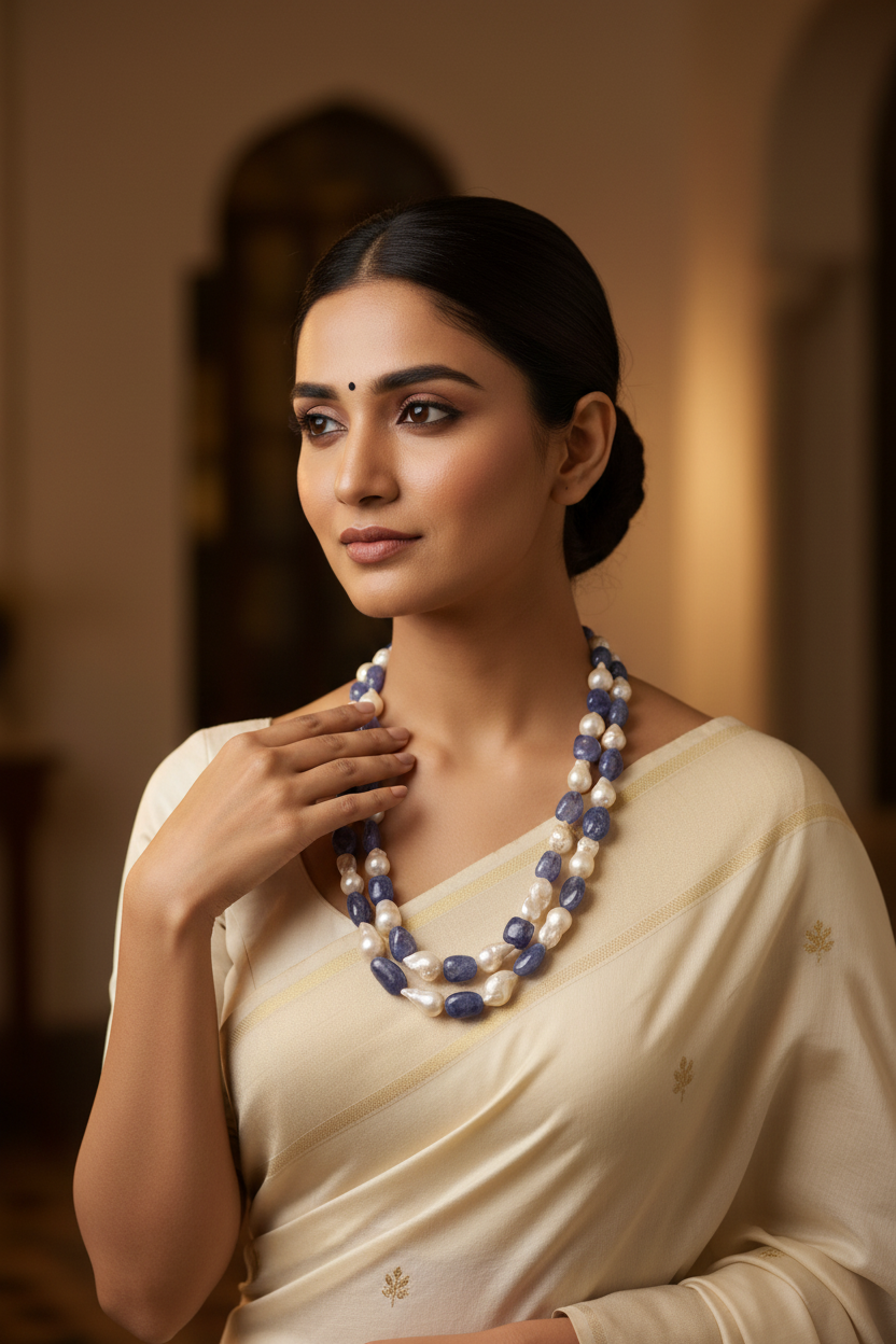Pure pearls and tanzanite 2 layers necklace