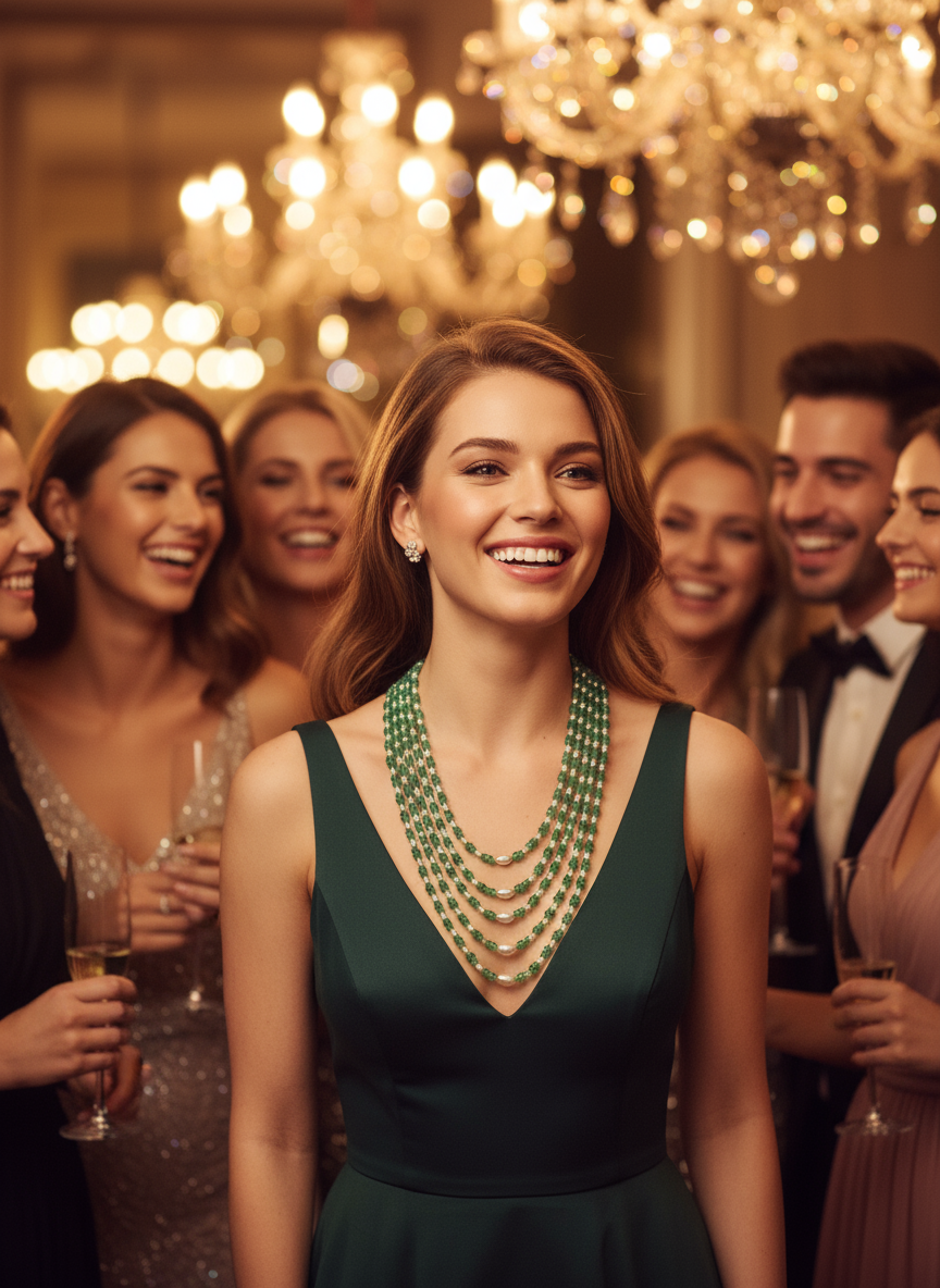 Woman in a green dress with a necklace at a formal event
