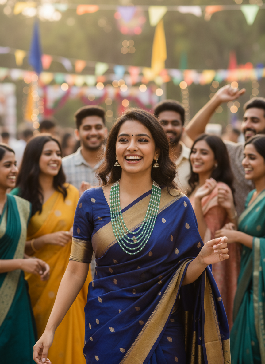 Woman in a blue saree with gold border at a festive outdoor event