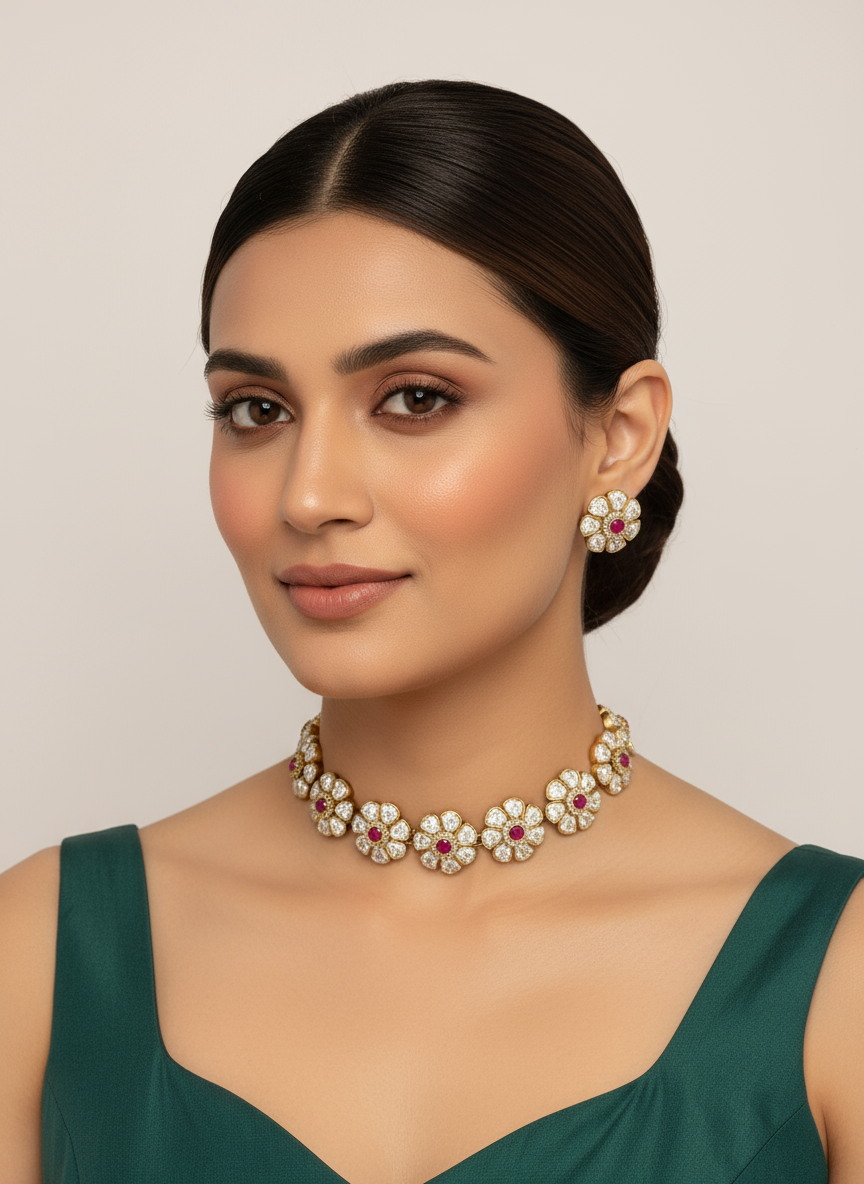 Woman wearing a green dress with a necklace and earrings against a beige background