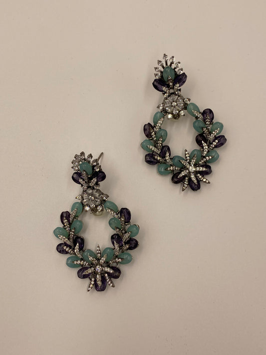 ELEGANT CZ & BLUE PURPLE BEADS EARRINGS