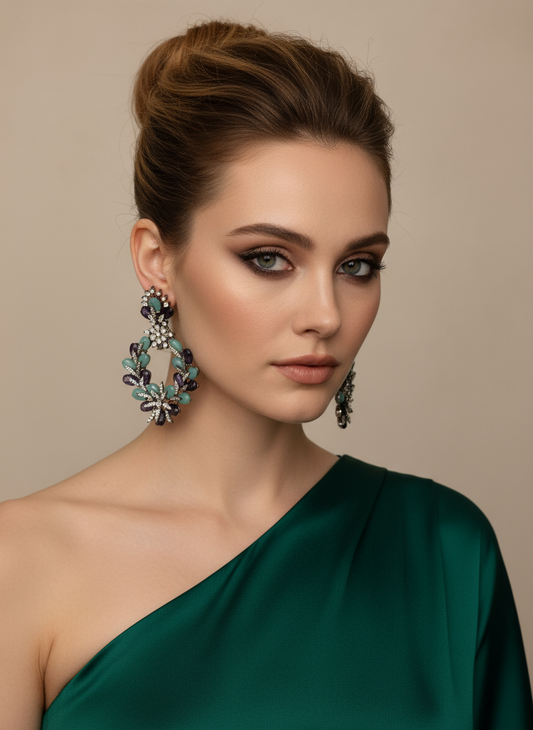 ELEGANT CZ & BLUE PURPLE BEADS EARRINGS