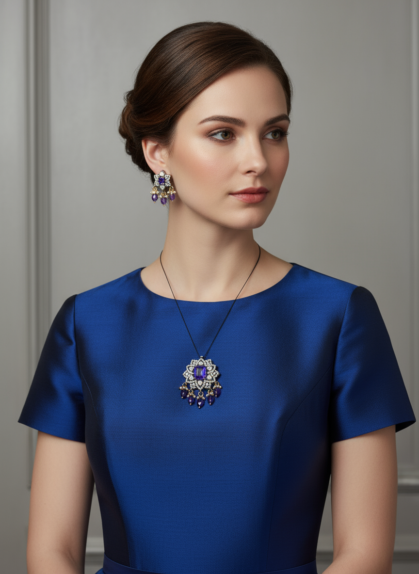 PURPLE & WHITE CRYSTAL PENDENT WITH EARRINGS