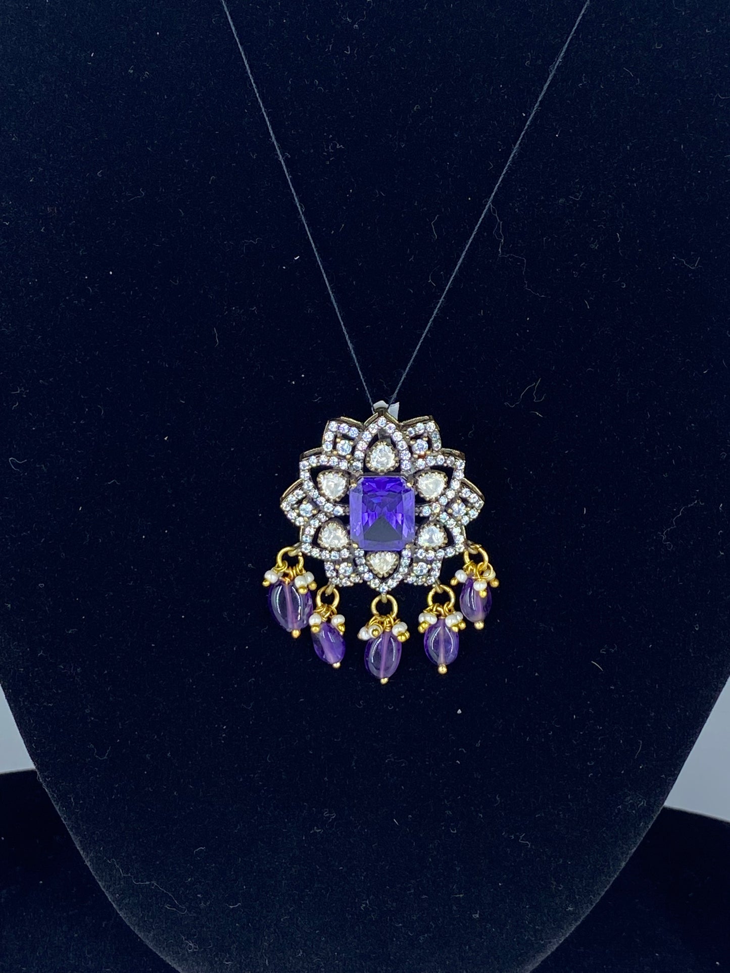 PURPLE & WHITE CRYSTAL PENDENT WITH EARRINGS