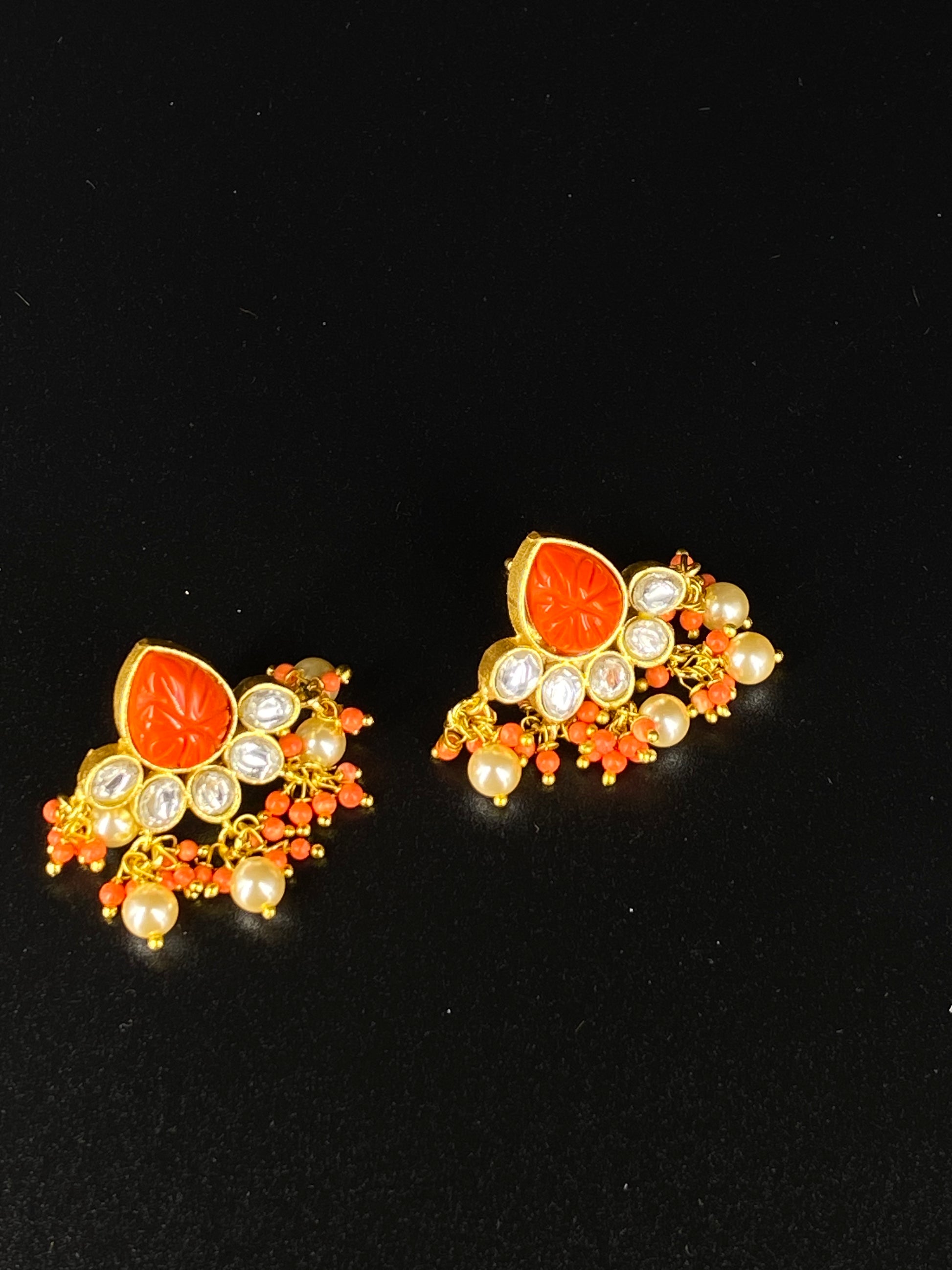 CORAL KUNDAN STUD EARRINGS - Main Image