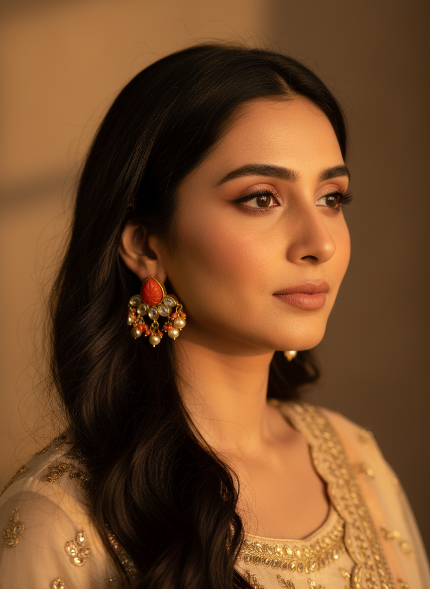 CORAL KUNDAN STUD EARRINGS